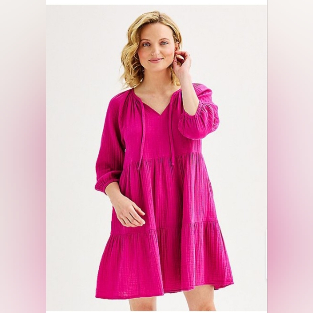 100% Cotton Gauze 3/4 Elastic Sleeve Tiered Dress
